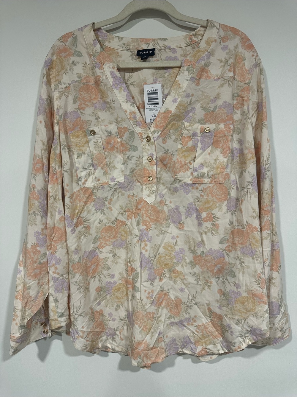 NWT Torrid Womens Blouse Harper Challis V Neck Roll Tab Muted Lush Floral Dew 2X